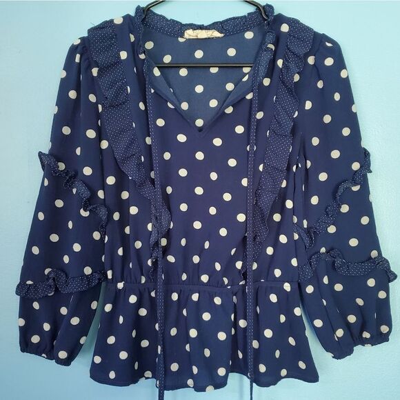 Sweet Wanderer Navy Blue/White Polka-Dot Ruffle Tie String Blouse - Picture 1 of 7